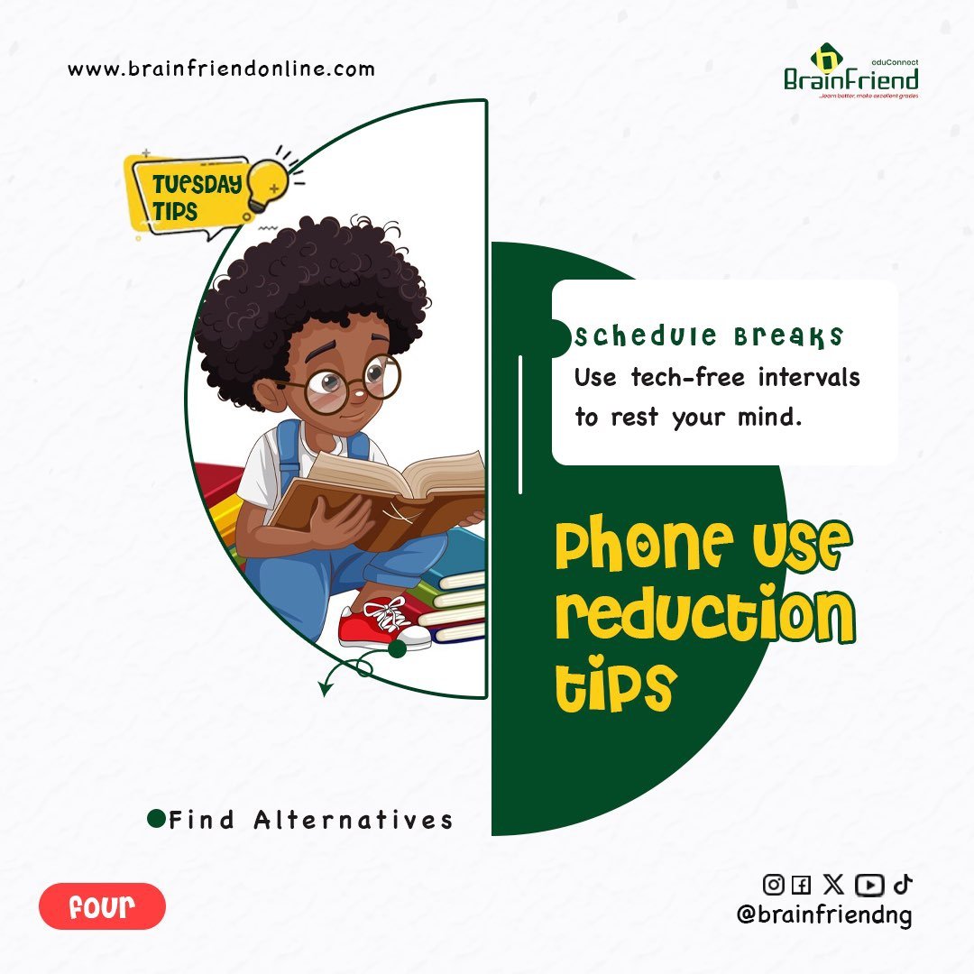 BrainFriendNG's tweet photo. Simple Tips to Cut Down on Phone Usage. 📱✨
#BrainFriend #Tiptuesday #LessScreenMoreLife https://t.co/CUSQ8jiXdO