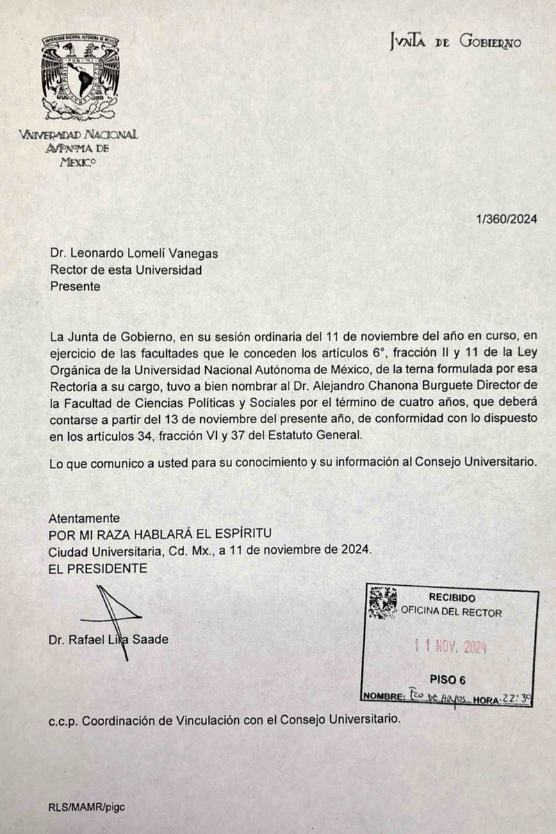 Es un alto honor que la H. Junta de Gobierno de la ⁦<a href="/UNAM_MX/">UNAM</a>⁩ me haya designado como director de la ⁦<a href="/UNAM_FCPyS/">FCPyS-UNAM</a>⁩ para el periodo 2024-2028
