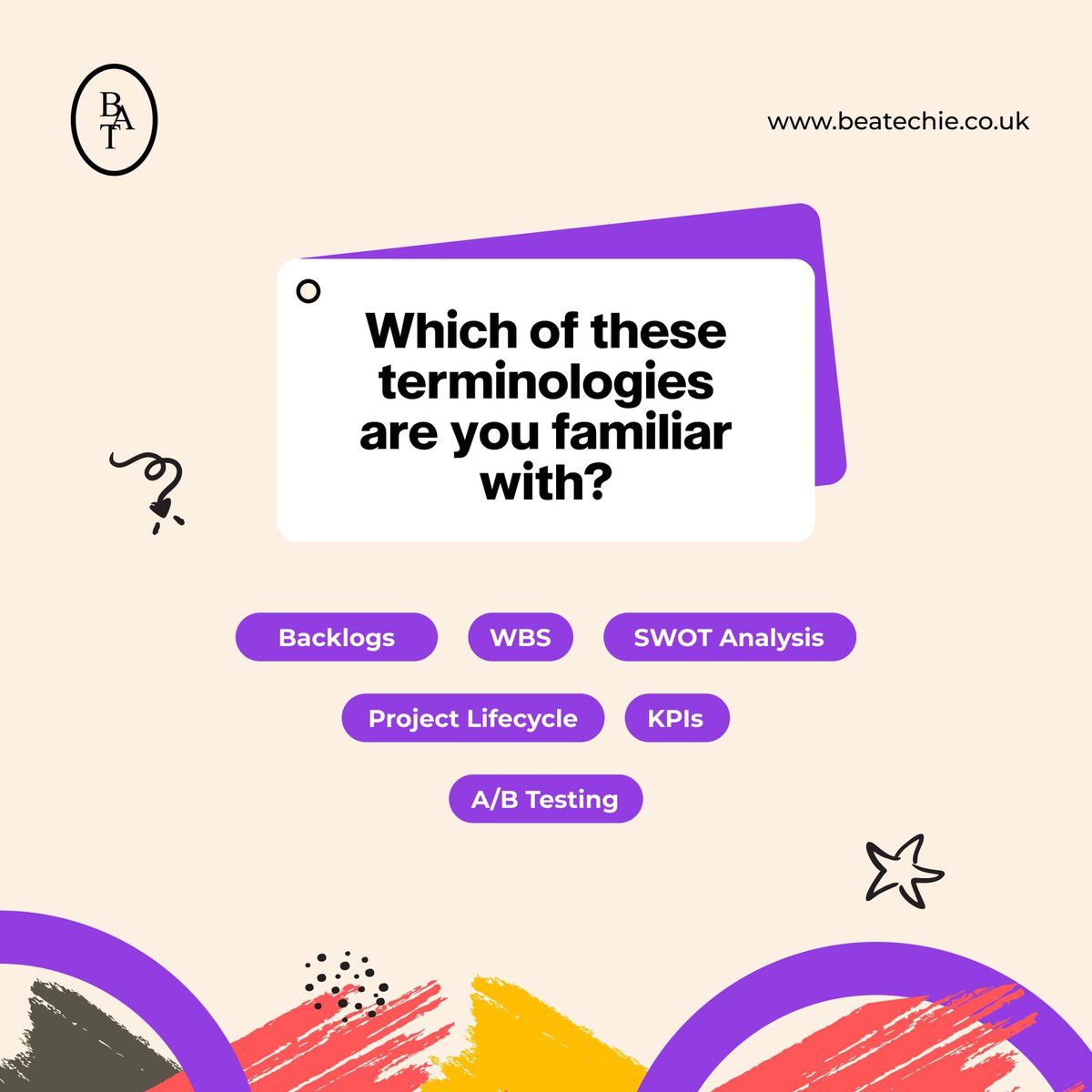 BeATechie's tweet image. How Many of These Project Terms Ring a Bell? 🤔

Backlogs, KPIs, A/B Testing... Project management is full of buzzwords! 

Tell us how many of these you know and share this to a project manager

#uktechcommunity #ukbusinesswebinar  #techcareergrowth #skillsfortomorrow