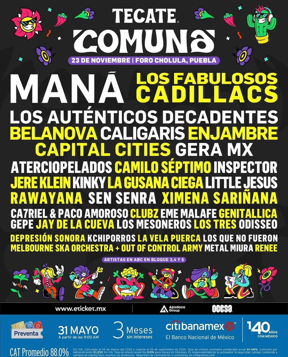 MusicaEnGDL's tweet photo. ¿Quién para ir a @TecateComuna?

23 de noviembre en #Cholula #Puebla

Los Fabulosos Cadillacs 
Maná
Auténticos Decadentes 
Caligaris 
Enjambre 
Capital Cities 
Kinky 

#Música #EnVivo #Concierto #Festivales #Rock #Ska #TecateComuna https://t.co/ik0RgoeYcM