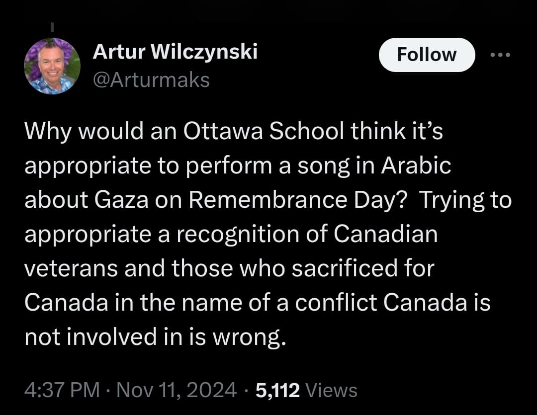 Now it’s considered antisemitic to share a song about peace in Arabic? Here are the lyrics of the song played at a Remembrance Day event in Ottawa, now facing criticism from Zionist groups. Racist much?