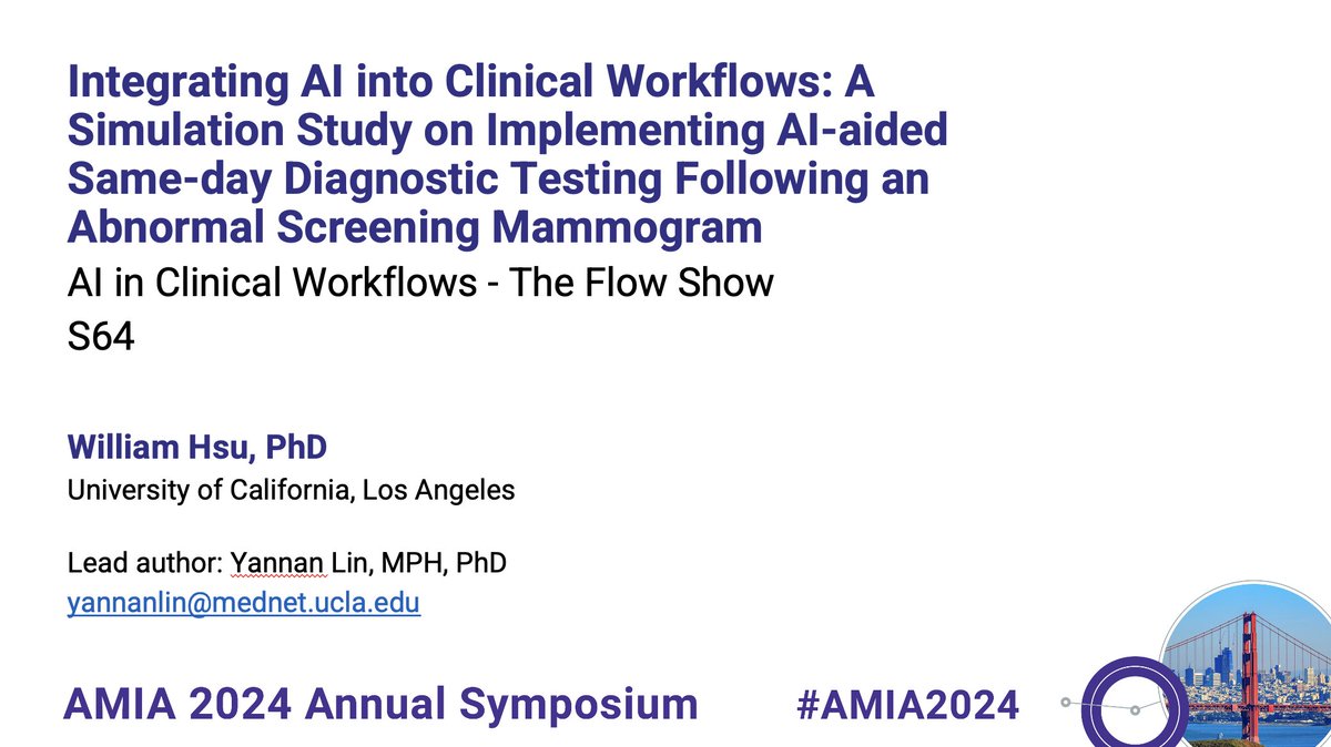 Covering for the amazing <a href="/lin_yannan_0505/">Yannan Lin</a> at #AMIA2024 presenting the use of discrete event simulations to characterize workflow impacts of our <a href="/AHRQNews/">AHRQ</a> project using AI to enable same-day diagnostic follow-up exams for women undergoing breast screening amia.secure-platform.com/symposium/gall…