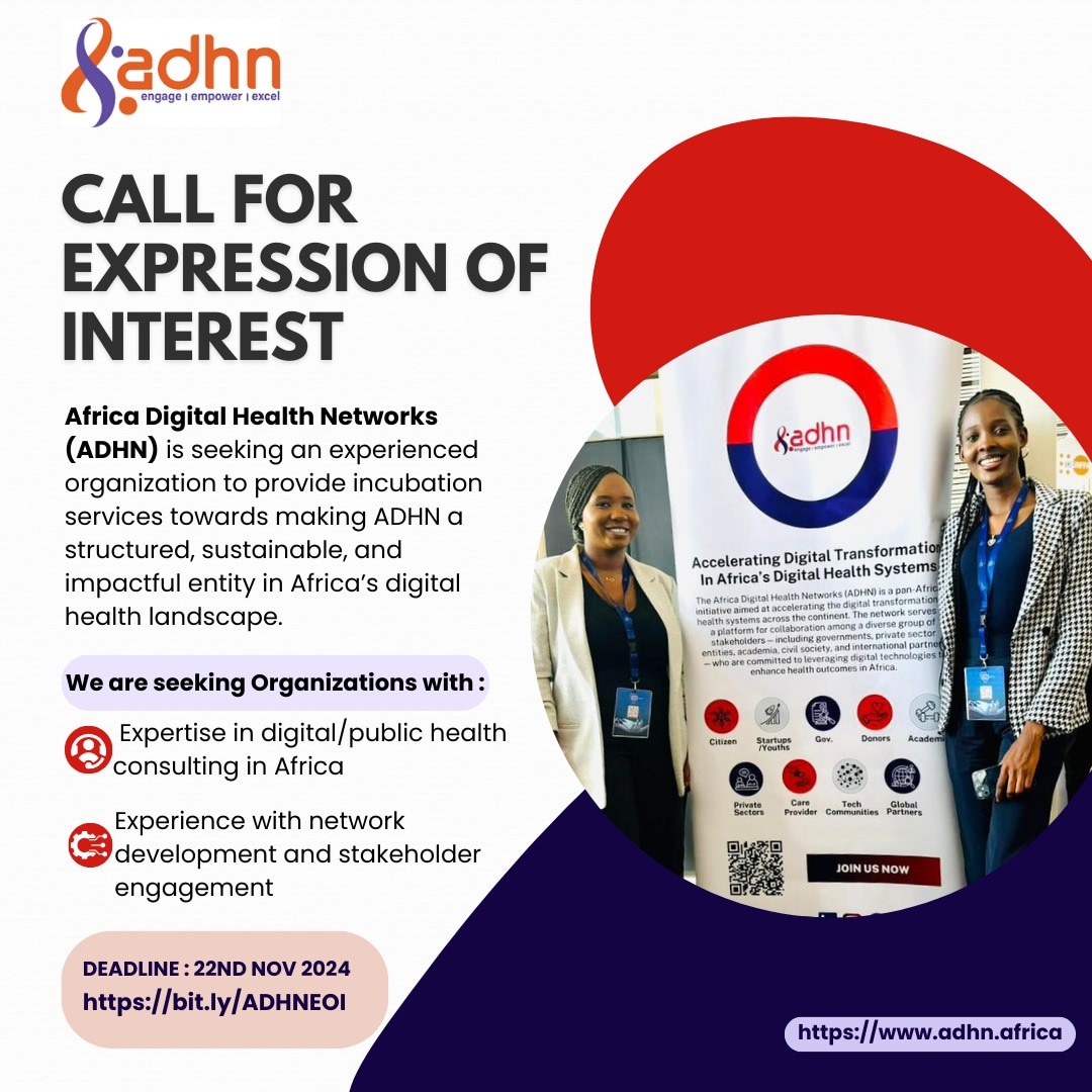 Africa Digital Health Networks - ADHN (@adhnafrica) on Twitter photo #Opportunityalert
📢Call for Expression of interest 
Are you an experienced Consulting firm or Organization with a proven track record of developing digital health networks and managing stakeholders? 
Apply to support the incubation of the ADHN.
bit.ly/ADHNEOI #Opportunityalert
📢Call for Expression of interest 
Are you an experienced Consulting firm or Organization with a proven track record of developing digital health networks and managing stakeholders? 
Apply to support the incubation of the ADHN.
bit.ly/ADHNEOI