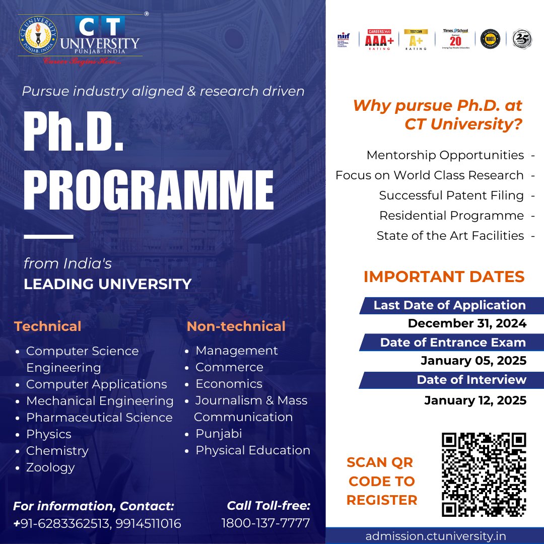CT_University's tweet image. Unlock your research potential with a Ph.D. at CT University! 🎓 Apply by Dec 31, 2024. Available in Technical & Non-Technical fields. 
Register now: admission.ctuniversity.in
Contact us at +91-6283362513, 9914511016 or Toll-free 1800-137-7777
#PHD #phdprogramme #ctuniversity