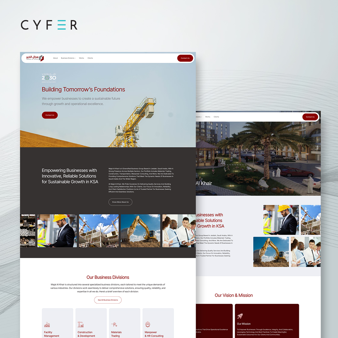 cyfersolutions's tweet photo. Proud to partner with Majal Al Khair to create a website that showcases their services and project portfolio with smooth navigation and a professional digital presence.

#CYFER #DecodingGrowth #MajalAlKhair #KSA #WebsiteDesign #DigitalAgency #WordPressDevelopment https://t.co/lZiciQa66O