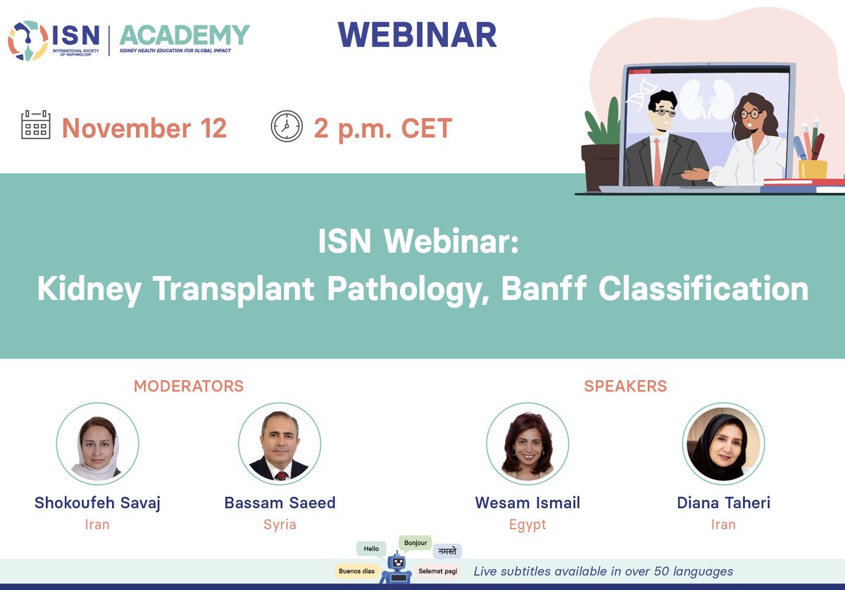 Int Society of Nephrology (@isnkidneycare) on Twitter photo 𝗧𝗢𝗗𝗔𝗬: ISN Webinar: "Kidney Transplant Pathology, Banff Classification"
🗣️ <a href="/Weesa05/">Wesam Ismail</a>, Diana Taheri
👤 Shokoufeh Savaj, Bassam Saeed
🗓️ November 12
🕚 2 pm CET
🔗 Free registration: ow.ly/5otw50TXvfa 𝗧𝗢𝗗𝗔𝗬: ISN Webinar: "Kidney Transplant Pathology, Banff Classification"
🗣️ <a href="/Weesa05/">Wesam Ismail</a>, Diana Taheri
👤 Shokoufeh Savaj, Bassam Saeed
🗓️ November 12
🕚 2 pm CET
🔗 Free registration: ow.ly/5otw50TXvfa