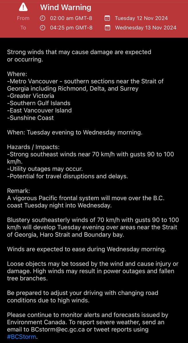 RyanVoutilainen's tweet image. ‼️Wind Warning‼️ 

-Metro #Vancouver- S sxns (Surrey to Richmond)
-Greater #Victoria
-Sthrn Gulf Islands
-E #VanIlse
-#SunshineCoast

SE winds of 70 km/h w/ gusts 90 to 100 xpctd Tue eve - Wed AM over areas nr Georgia &amp;amp; Haro Straits &amp;amp; Boundary Bay.

#BCstorm #BCwx #BCstormwatch