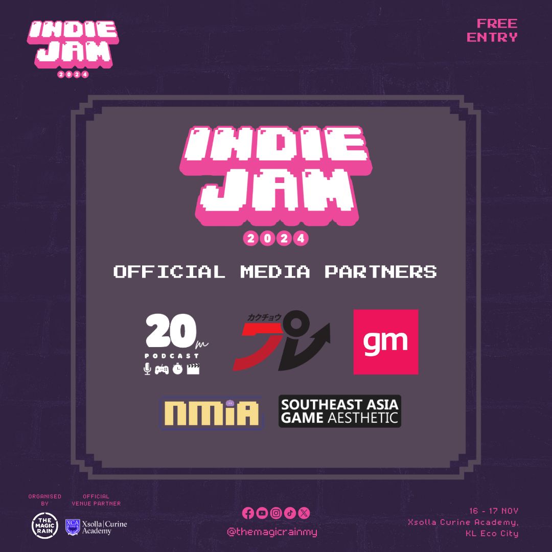 Shout out to our Indie Jam 2024 media partners who are helping us shine the spotlight on the growing Southeast Asian game development scene!

Follow <a href="/Kakuchopurei/">Kakuchopurei</a>, <a href="/NmiaGaming/">NMIA Gaming</a>, <a href="/GamerMatters/">Gamer Matters</a>, <a href="/20mPodcast/">20m Podcast</a> &amp; <a href="/SEAGamethetic/">South East Asia Game Aesthetic</a> for more content, coming soon!