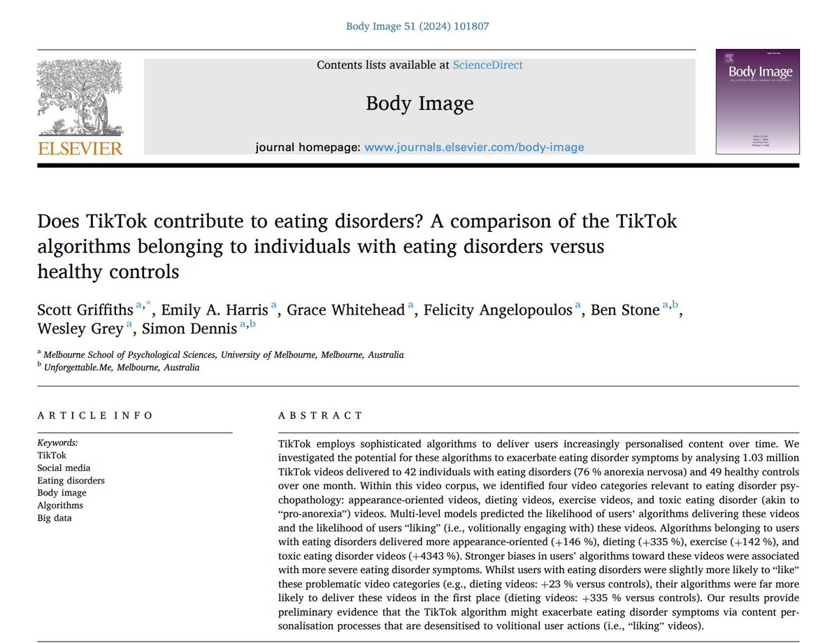 Scott Griffiths (@scott1griffiths) on Twitter photo Our study on the TikTok algorithm and eating disorders is finally published (big thx 2 <a href="/emilya_harris/">Emily Harris</a>). We scraped the metadata for ~1 million TikTok videos delivered to users w/ eating disorders versus users w/out eating disorders (i.e. healthy controls) sciencedirect.com/science/articl… Our study on the TikTok algorithm and eating disorders is finally published (big thx 2 <a href="/emilya_harris/">Emily Harris</a>). We scraped the metadata for ~1 million TikTok videos delivered to users w/ eating disorders versus users w/out eating disorders (i.e. healthy controls) sciencedirect.com/science/articl…