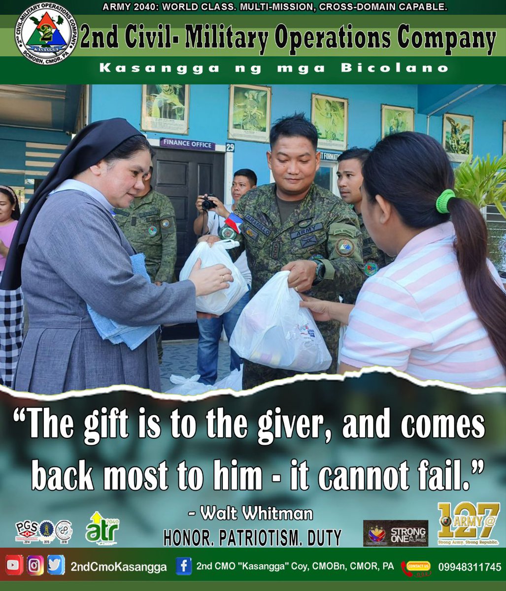 92ndK's tweet photo. QUOTE OF THE DAY

" The Gift is to the giver, and comes back  most to him-it cannot fail."

#strongoneafpphilippine
#KaagapayNgMgaBikolano
#MatatagNaHukbongKatihan
#strongarmystrongrepublic
#kasangga2024
#hightlightseveryone
#quotes
#quoteoftheday https://t.co/8JD60Hlpqr