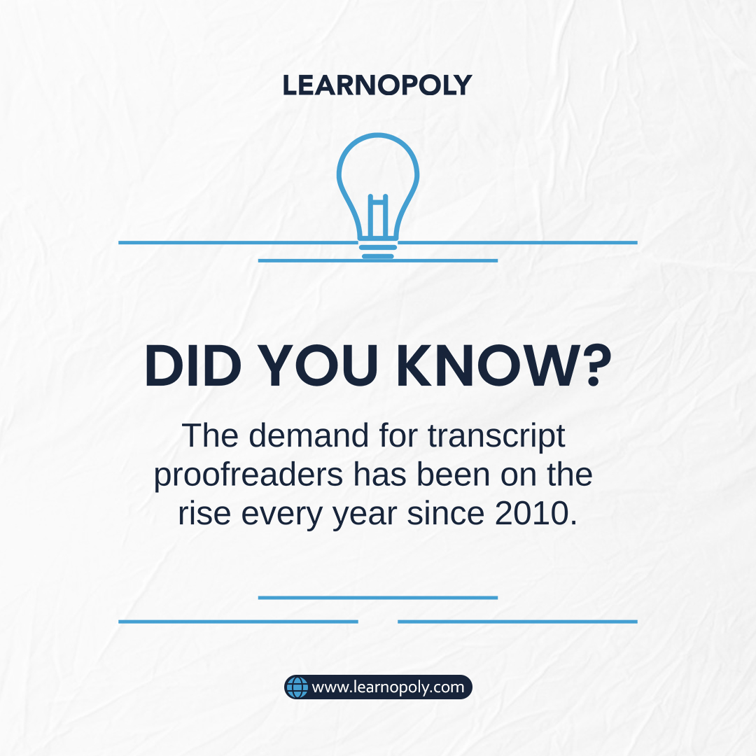 Learnopoly_'s tweet image. 💡 Did You Know?

The demand for transcript proofreaders has been growing steadily every year since 2010!  If you have a keen eye for detail, this could be the perfect career opportunity for you!

#transcriptproofreading #careeropportunities #proofreadingjobs #attentiontodetail