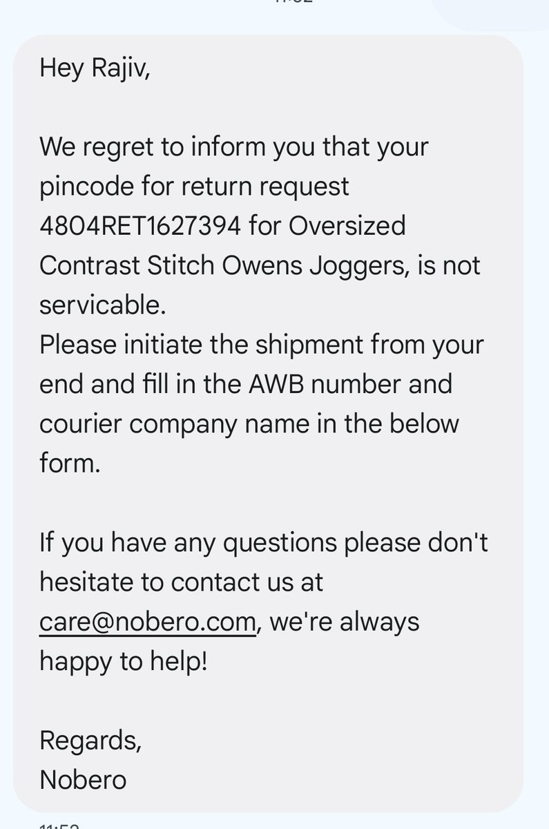 Extremely disappointed with <a href="/NoberoIndia/">nobero india</a>’s return process. Never informed my pincode isn’t serviceable for returns. Had I known, I wouldn’t have purchased. Poor customer service and transparency. #BadService #CustomerExperience