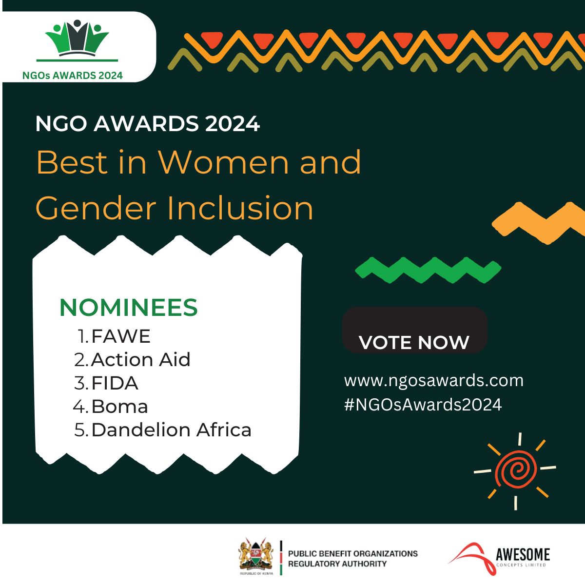 FIDA-Kenya (@fidakenya) on Twitter photo We're thrilled to be nominated for Best in Gender Inclusion at the #NGOAwards2024! <a href="/ngosawards/">NGOs Awards 2024</a> Vote for <a href="/fidakenya/">FIDA-Kenya</a> to support our mission for gender equality and justice in Kenya. 💪🏾🗳️ Click to vote! ngosawards.com/awards-voting/… We're thrilled to be nominated for Best in Gender Inclusion at the #NGOAwards2024! <a href="/ngosawards/">NGOs Awards 2024</a> Vote for <a href="/fidakenya/">FIDA-Kenya</a> to support our mission for gender equality and justice in Kenya. 💪🏾🗳️ Click to vote! ngosawards.com/awards-voting/…