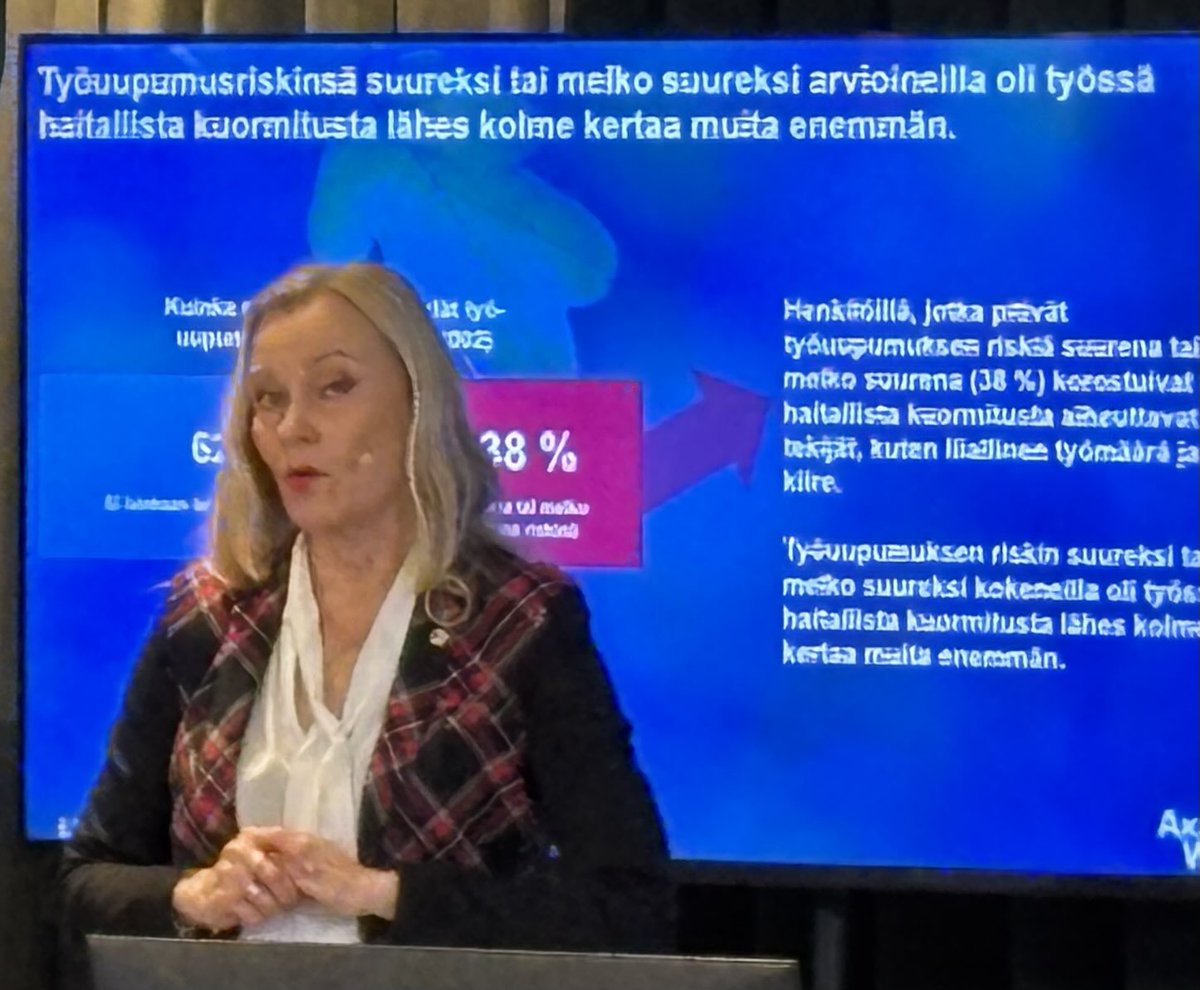 Uusia ⁦<a href="/AkavaWorks/">AkavaWorks</a>⁩ työolotutkimuksen tuloksia julkaistu. Lähes 40 % akavalaisista kokee työuupumuksen suurena tai melko suurena riskinä työssään, kertoo ⁦<a href="/marialofg/">Maria Löfgren</a>⁩ ⁦<a href="/AkavaRy/">Akava</a>⁩ työhyvinvointiseminaarissa.