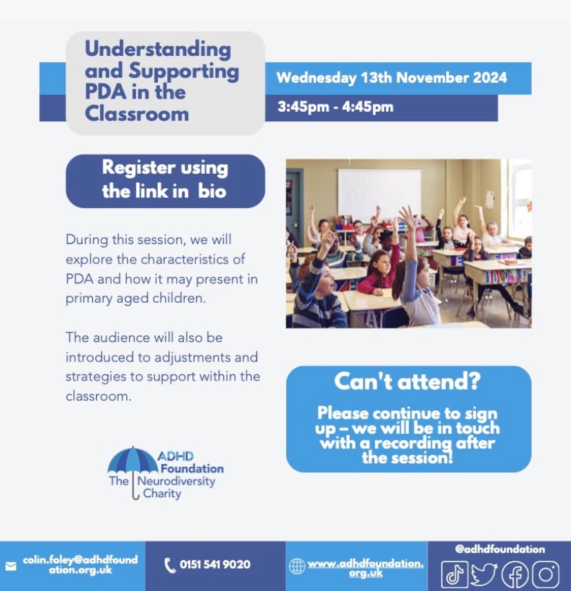 The Neurodiversity Charity ADHD Foundation (@adhdfoundation) on Twitter photo Wednesday webinars 13th November - supporting pupils with PDA in the classroom: book via eventbrite.co.uk/e/906271330947ā¦
<a href="/sencochat/">SENCO Chat Network</a> <a href="/WholeSchoolSEND/">Whole School SEND</a> <a href="/SENDSCOPE/">SENDSCOPE Independent School</a> <a href="/TeachPrimary/">Teach Primary</a> <a href="/TeachFirst/">Teach First</a> <a href="/ADHDandAutism/">Centre for ADHD & Autism Support (Reg No: 1193799)</a> <a href="/AutisticGirls_/">Autistic Girls Network</a> <a href="/SENDinfoBucks/">Autism and ADHD Journey</a> <a href="/rachelrushton_/">Rachel Rushton - ADHDF Neurodiversity Charity</a> @rudge_lisa Wednesday webinars 13th November - supporting pupils with PDA in the classroom: book via eventbrite.co.uk/e/906271330947ā¦
<a href="/sencochat/">SENCO Chat Network</a> <a href="/WholeSchoolSEND/">Whole School SEND</a> <a href="/SENDSCOPE/">SENDSCOPE Independent School</a> <a href="/TeachPrimary/">Teach Primary</a> <a href="/TeachFirst/">Teach First</a> <a href="/ADHDandAutism/">Centre for ADHD & Autism Support (Reg No: 1193799)</a> <a href="/AutisticGirls_/">Autistic Girls Network</a> <a href="/SENDinfoBucks/">Autism and ADHD Journey</a> <a href="/rachelrushton_/">Rachel Rushton - ADHDF Neurodiversity Charity</a> @rudge_lisa