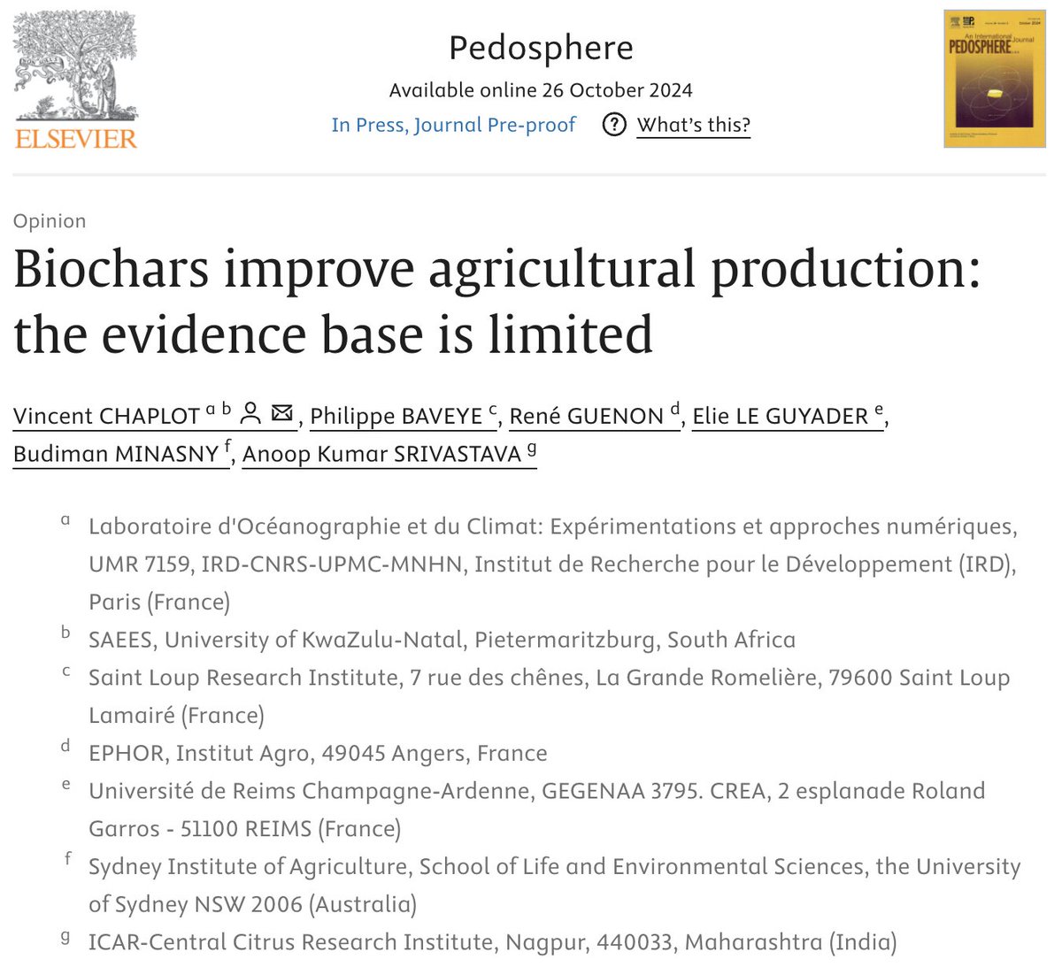 Pedosphere1991's tweet photo. #Opinion"Biochars improve #agricultural production: the evidence base is limited"an international collaboration done by the researchers from @ird_fr @UKZN @universitereims @Sydney_Uni @IcarCcri #SaintLoupResearchInstitute & #EPHOR
🔗https://t.co/R8Na4h7ZiR https://t.co/PjY1QDkr3p