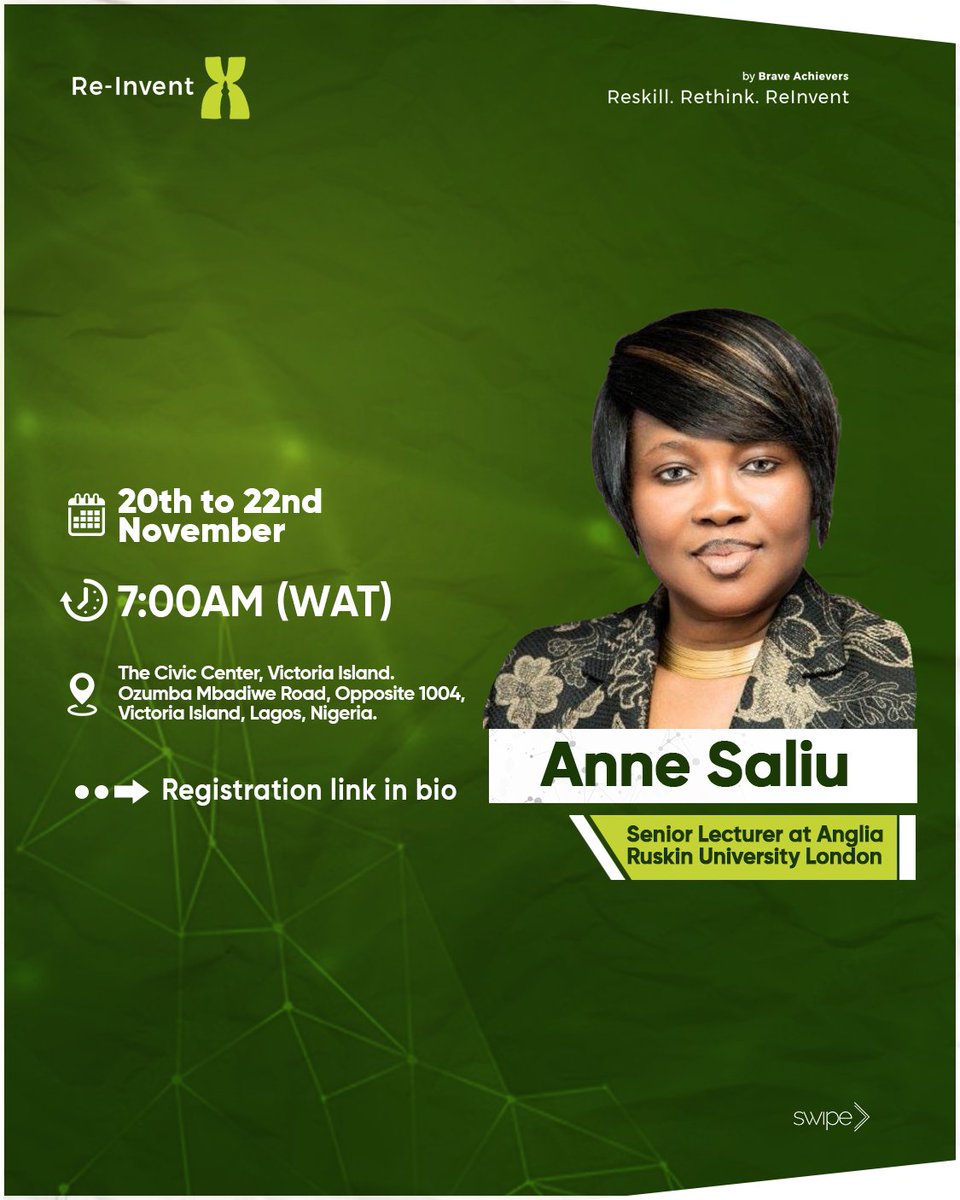 BraveAchievers's tweet image. Anne Saliu is a senior lecturer of management at Anglia Ruskin University London, specialising in strategic leadership and international business. Meet her at the Re-Invent X Summit, in Lagos, to gain insights into organisational growth strategies.

#ReinventX #AIUse #StartUps