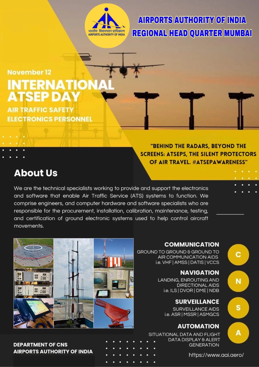 aairedwr's tweet photo. #AAIRHQWR WISHESH !
International ATSEP Day.
12th November 2024
#ATSEPs  of #AAI provide safety critical communication navigation and surveillance facilities for smooth and safe Air travel
@MoCA_GoI 
@AAI_Official https://t.co/mnKtv6NyKx