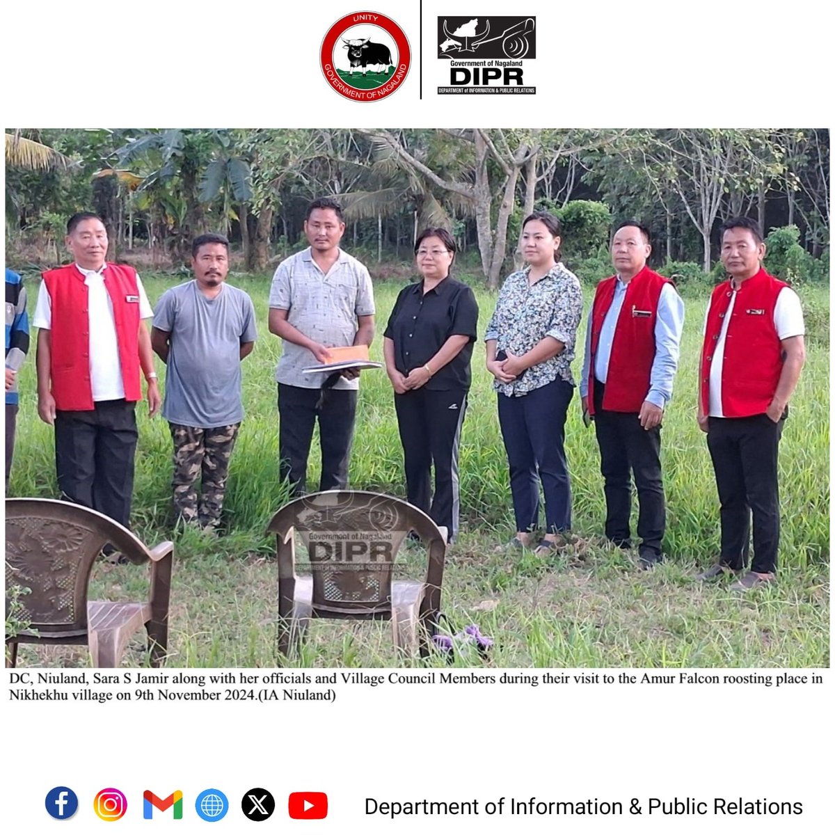 dipr_nagaland's tweet photo. The Deputy Commissioner, Niuland Sara S Jamir along with EAC Nihokhu incharge, EAC sadar, DBs and Village Council Members visited the Amur Falcon roosting place in Nikhekhu village on 9th November 2024. https://t.co/flBNGndwx9