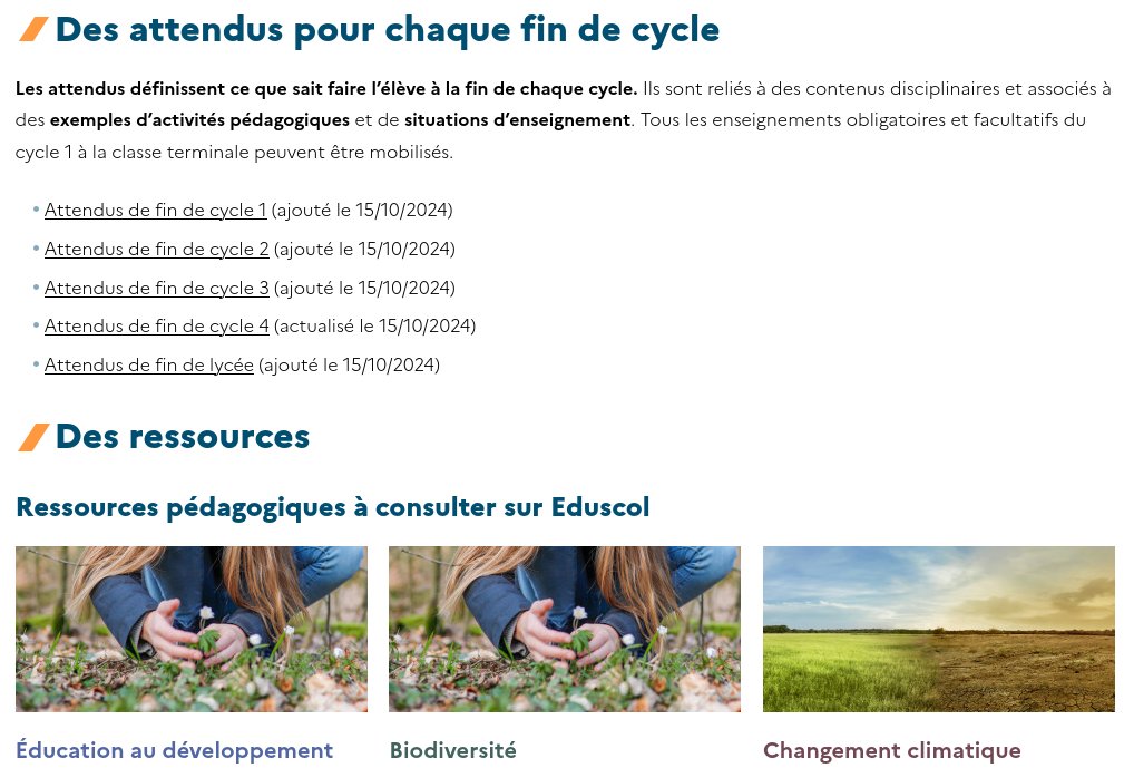 EDD : publication sur <a href="/Eduscol/">éduscol</a> des repères de progression et des attendus du cycle 1 à la terminale :
➡️ 6 grandes thématiques
➡️ objectifs d’acquisition pour chaque cycle
➡️ contenus disciplinaires
➡️ activités pédagogiques et situations d’enseignement
eduscol.education.fr/3921/l-educati…