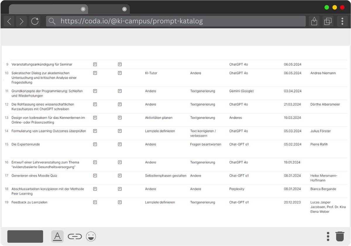 Im offenen Prompt-Katalog des Projekts "Prompt-Labor: Generative KI in der Hochschullehre" sind zahlreiche Vorschläge für Prompts, die im Lehrkontext hilfreich sein können. 
Aktuell sind bereits 90 vielfältige Ideen enthalten! Mitmachen erwünscht. 
👉coda.io/@ki-campus/pro…
