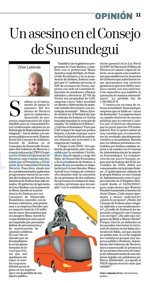 Excelente artículo de <a href="/Cholati/">Chon</a> hoy en <a href="/DiariodeNavarra/">Diario de Navarra</a>. La podredumbre moral de una parte importante de la sociedad navarra llega ya al Consejo de Sunsundegui. Vía los trabajadores,por cierto. Esto va a hacer muy popular su causa, en la que hemos metido un dineral. Ni un euro más