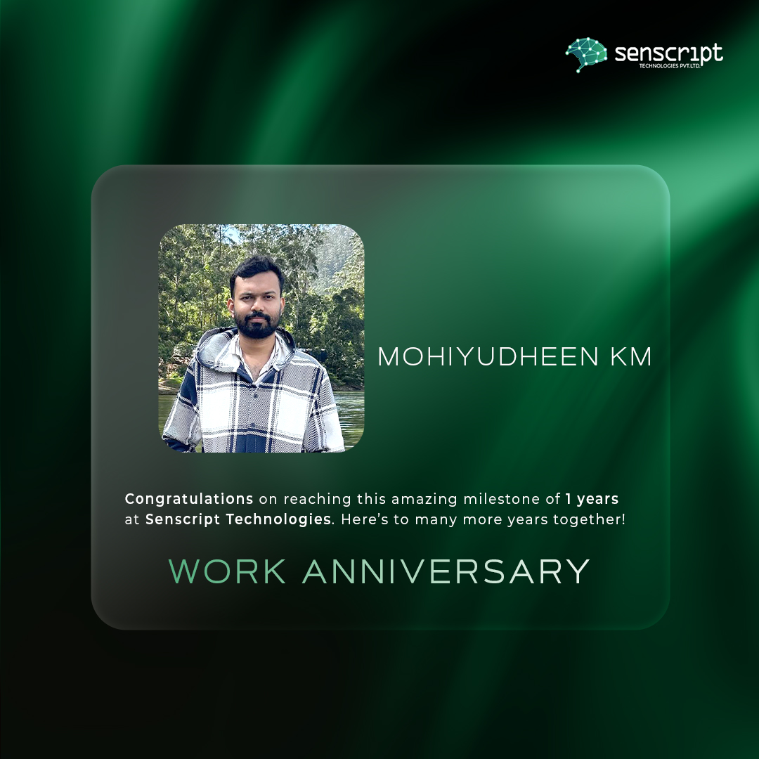 senscript's tweet image. Happy 1st Work Anniversary Mohiyudheen and Ram! 

A year of hard work, growth, and accomplishments! Mohiyudheen and Ram, your dedication and energy have been invaluable to our team. Thank you for your contributions and for making every day at work better.