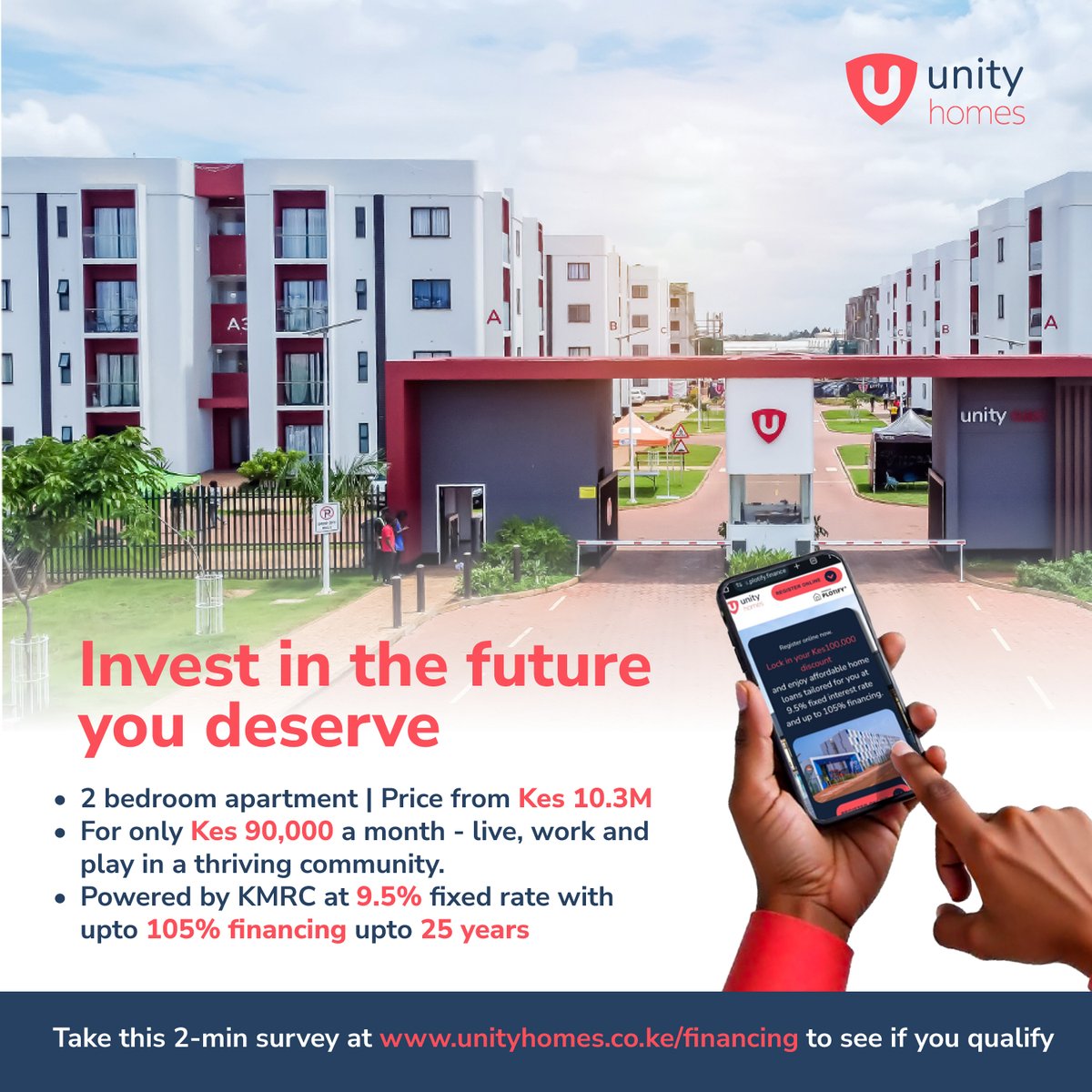 Take a quick survey at unityhomes.plotify.finance to see if you qualify for affordable home loans,offering a fixed interest rate of 9.5%  and up to 105% financing, payable over 25 years.