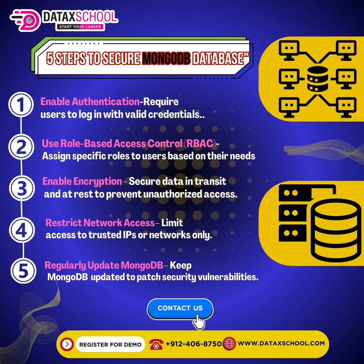 DataX_School's tweet image. "🔐 Follow these key steps to secure your MongoDB database and protect your valuable data
Secure your MongoDB database and stay ahead of potential threats! ⚡ #MongoDBSecurity #DatabaseProtection #Encryption #DataPrivacy #CyberSecurity #TechBestPractices #SecureYourData