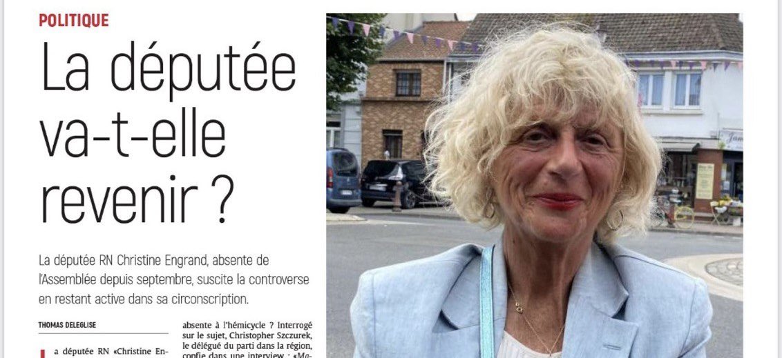 La députée RN Christine Engrand, officiellement en «arrêt maladie» depuis les révélations de <a href="/Mediapart/">Mediapart</a> en septembre sur ses frais de mandat, aurait organisé une soirée Beaujolais 🍷 dans sa permanence parlementaire du Pas-de-Calais, selon le journal local <a href="/Nordlitt/">Nord Littoral</a>.