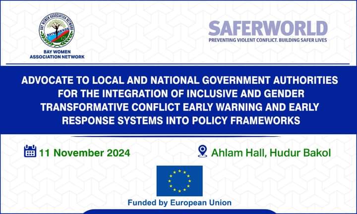 Baywan_network's tweet photo. Today, the Bay Women Association Network hosted an inspiring event at Ahlam Hall, #Hudur Bakol, uniting local leaders, EWER champions, elders, women, youth, and civil society. 
 #PeaceBuilding #InclusivePolicies #EWER #GenderEquality #SaferCommunities #EUfunded #saferworld https://t.co/eE2b6Ux8d6