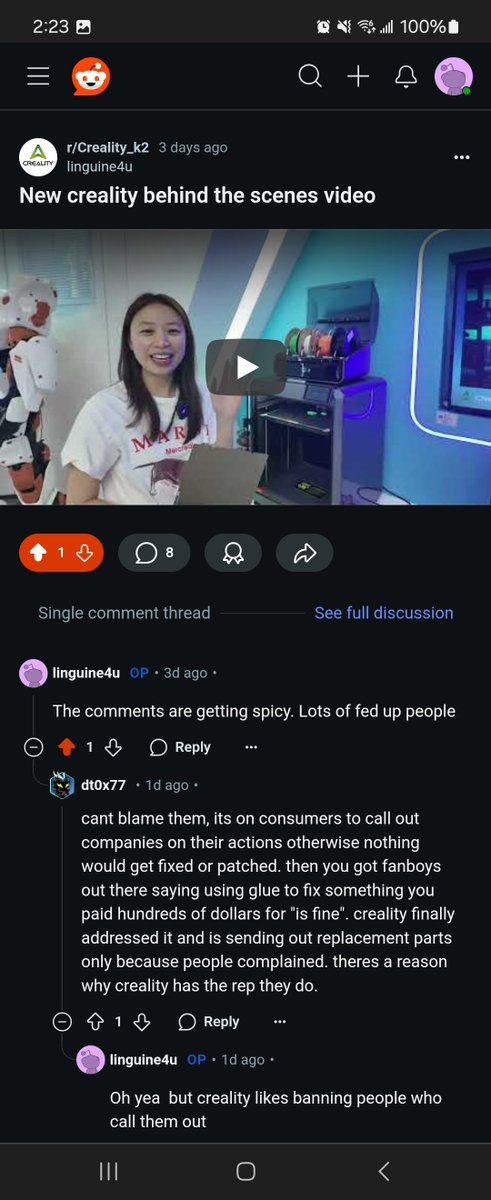 Guacatechi's tweet image. #crealityk2plus the moderators are banning people who are complaining about the delays of the k2 for random posts that don't violate riles

 lookattheshiny is on a power trip using his moderator power on both reddit and discord to ban people he doesn't like @Creality3dP