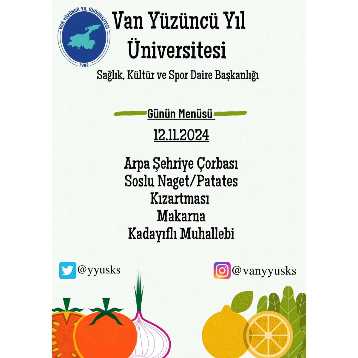 Günün Menüsü 

~Arpa Şehriye Çorbası 
~Soslu Naget/Patates Kızartması 
~Makarna
~Kadayıflı Muhallebi

Afiyet olsun.