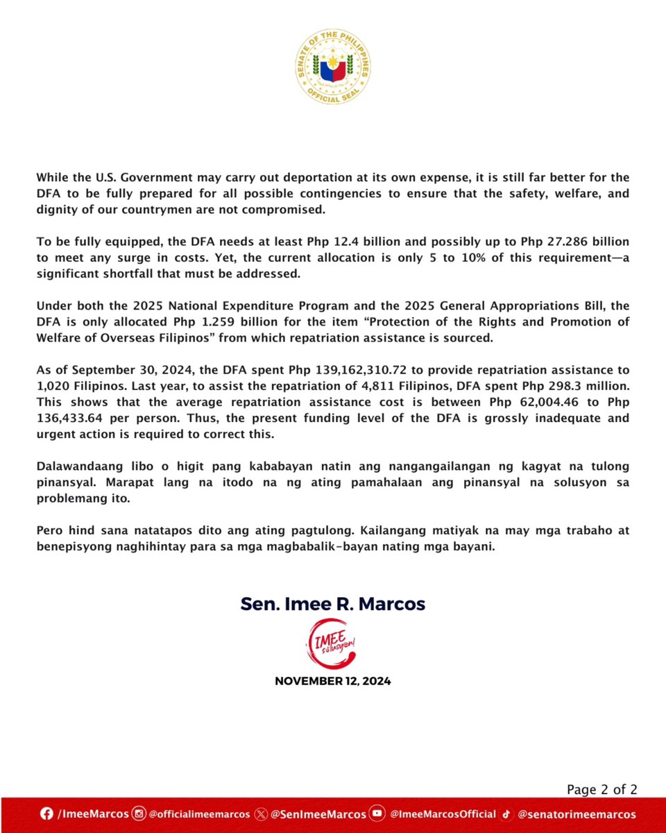 SenImeeMarcos's tweet photo. I call on my colleagues in both the Senate and the House to give the Department of Foreign Affairs all of the necessary funds to respond promptly and adequately to the impending deportation of more than 200,000 undocumented Filipinos in the United States. 

#IMEEsolusyon https://t.co/erXg8A6DEn