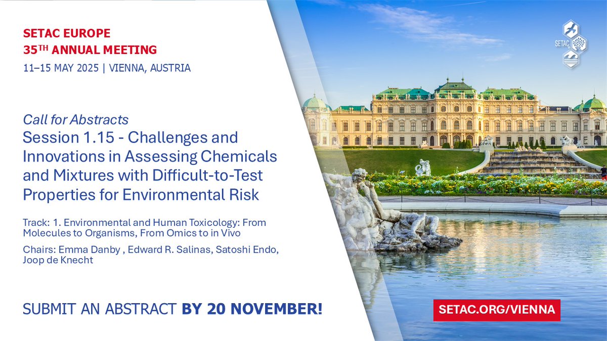 #SETACVienna Calls for Abstracts! Submit your abstracts for our session! See setac.secure-platform.com/vienna2025/sol… for details. The deadline is Nov 20. We would love to hear your story about your "difficult chemicals"!