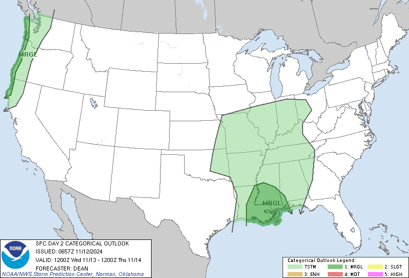LimWeather's tweet photo. D2 #MarginalRisk in #PNW,S US esp #NewOrleans,#BatonRouge,#Metairie,#Lafayette,#MobileAL,#Prichard,#Saraland,#JacksonMS,#Biloxi,#Gulfport,#Hattiesburg,#Eureka
2%#Tornado/5%#Wind/<5%#Hail risk
#Wxtwitter #Wxx #SPC #Severewx #DixieAlley #LAwx #MSwx #ALwx #ARwx #CAwx #ORwx #WAwx https://t.co/nqK7kNIXH4