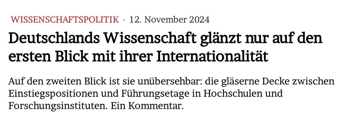 Jan-Martin Wiarda (@jmwiarda) on Twitter photo Deutschlands Wissenschaft glänzt nur auf den ersten Blick mit ihrer Internationalität
Auf den zweiten Blick ist sie unübersehbar: die gläserne Decke zwischen Einstiegspositionen und Führungsetage. Ein Kommentar.
Zuerst in #ZEITWissen3, jetzt im Blog:
jmwiarda.de/2024/11/12/deu… Deutschlands Wissenschaft glänzt nur auf den ersten Blick mit ihrer Internationalität
Auf den zweiten Blick ist sie unübersehbar: die gläserne Decke zwischen Einstiegspositionen und Führungsetage. Ein Kommentar.
Zuerst in #ZEITWissen3, jetzt im Blog:
jmwiarda.de/2024/11/12/deu…