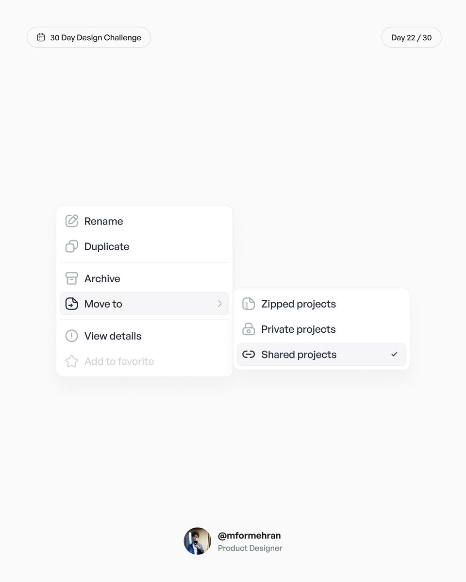 mformehran's tweet photo. Day 22: Context menu
I'm challenging myself to design something new each day for the next 30 days and share it here. Who's in? Let's spark some creativity together!

#uidesign #uxdesign #productdesign #uiux #uiuxdesign #contextmenu #30daydesignchallenge https://t.co/s5qQlJE8my