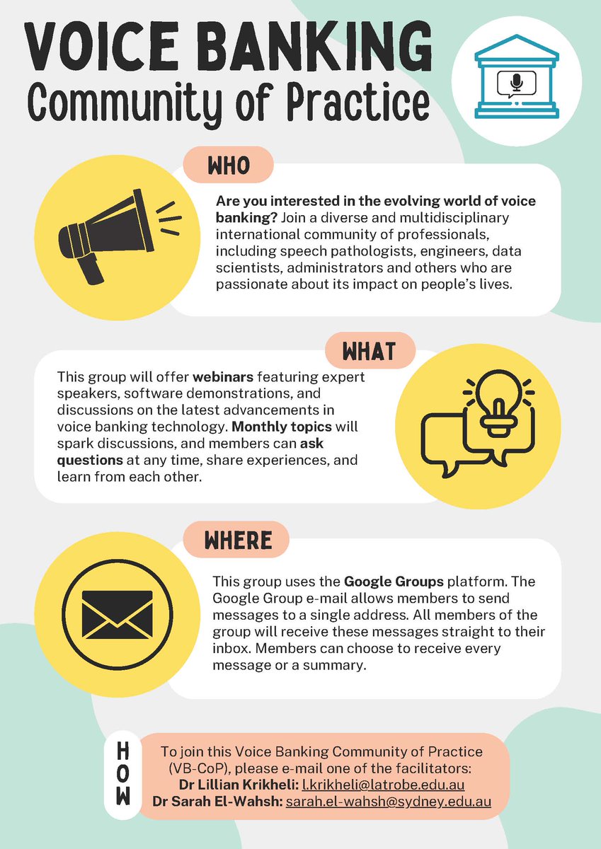 Rachael Rietdijk (@rachaelreedake) on Twitter photo Are you interested in voice banking? A new Community of Practice is forming to discuss the latest advancements in this field. Get in touch with the facilitators <a href="/SEwahsh/">Sarah El-Wahsh</a> or <a href="/lilliterate/">Dr Lillian Krikheli</a> using the email details below if you would like to join this new community. Are you interested in voice banking? A new Community of Practice is forming to discuss the latest advancements in this field. Get in touch with the facilitators <a href="/SEwahsh/">Sarah El-Wahsh</a> or <a href="/lilliterate/">Dr Lillian Krikheli</a> using the email details below if you would like to join this new community.