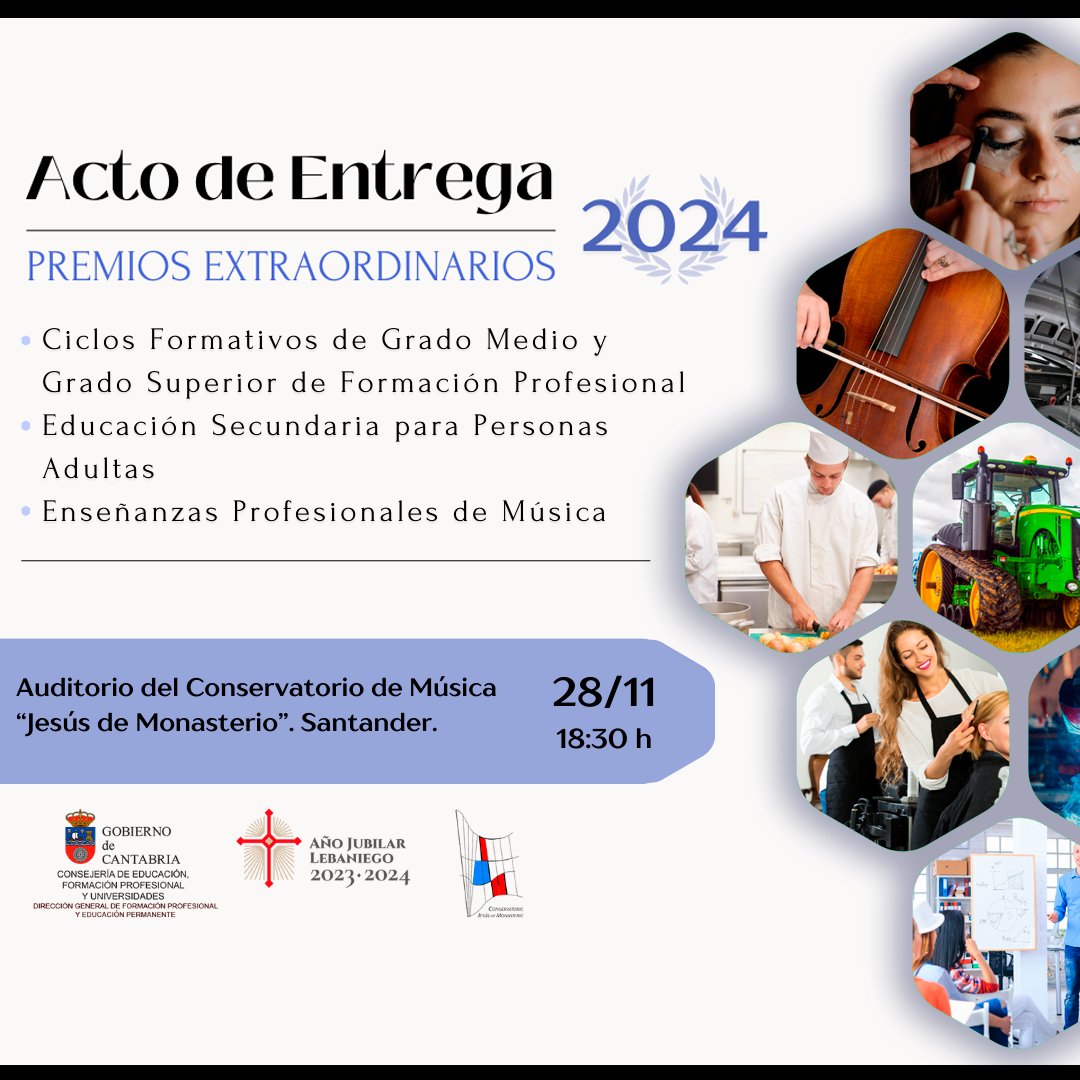 El jueves 28 de noviembre a las 18:30h tendrá lugar, en el Auditorio del <a href="/cmjm_santander/">JESÚS DE MONASTERIO</a> el Acto de Entrega de los Premios Extraordinarios de los ciclos formativos de GM y GS, FP, ESPA y EEPP Música.
#FP #enseñanzasmusicales #educacionpersonasadultas #educantabria #cantabriafpyep