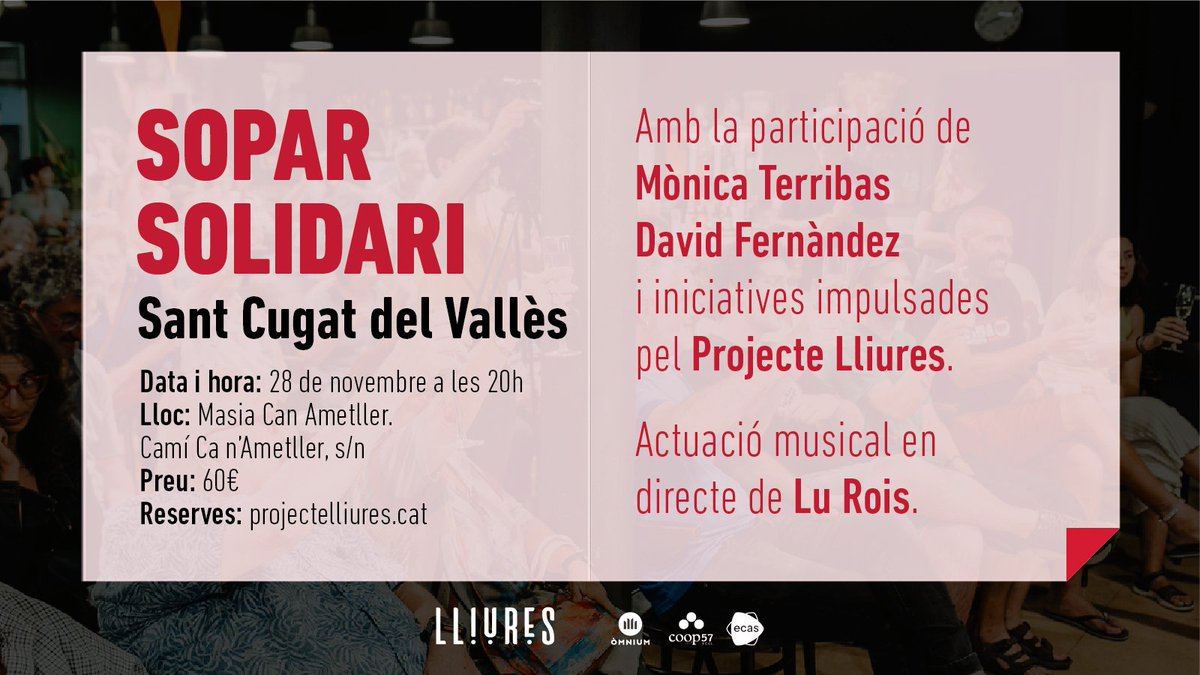 Projecte Lliures (@projectelliures) on Twitter photo 🍽️ Sopar solidari a #SantCugat
Amb Mònica Terribas i David Fernàndez (<a href="/HiginiaRoig/">David Fernàndez 💚✊🏿</a>) i iniciatives impulsades pel <a href="/projectelliures/">Projecte Lliures</a>.
🎶 Actuació musical de <a href="/lu_rois/">信阳上课/信阳上门/信阳上门服务/信阳外卖/信阳外送员/信阳外送媛/信阳服务</a>.
Pots fer la teva reserva aquí 👉 projectelliures.cat/sopars-solidar… 🍽️ Sopar solidari a #SantCugat
Amb Mònica Terribas i David Fernàndez (<a href="/HiginiaRoig/">David Fernàndez 💚✊🏿</a>) i iniciatives impulsades pel <a href="/projectelliures/">Projecte Lliures</a>.
🎶 Actuació musical de <a href="/lu_rois/">信阳上课/信阳上门/信阳上门服务/信阳外卖/信阳外送员/信阳外送媛/信阳服务</a>.
Pots fer la teva reserva aquí 👉 projectelliures.cat/sopars-solidar…