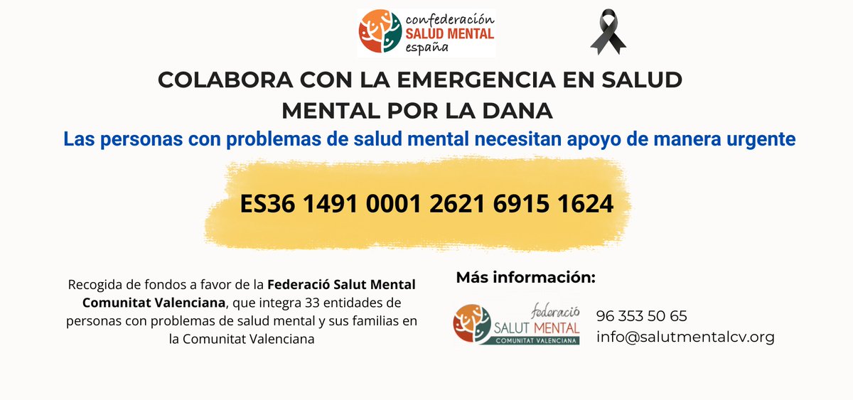 ❤️‍🩹El movimiento asociativo de <a href="/SalutMentalCV/">Salut Mental CV</a> cuenta con 19 asociaciones en #Valencia, algunas de ellas se encuentran en los municipios asolados y con pérdidas humanas por la DANA.

🤳🏾Es la hora de la #solidaridad, puedes hacerlo a través de la cuenta ES36 1491 0001 2621 6915 1624