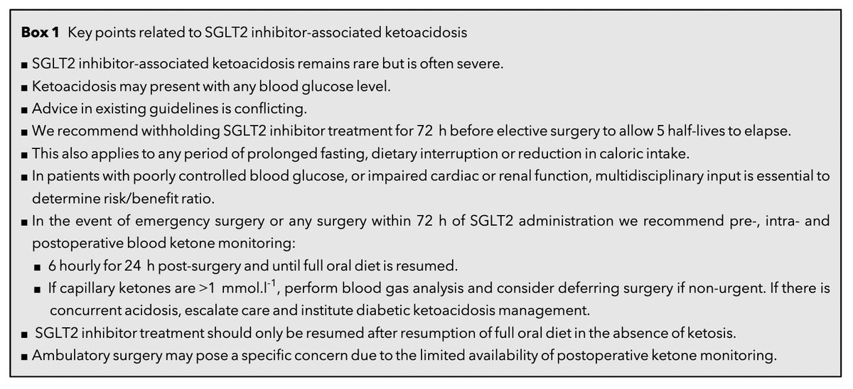 Lots of learning points here on SGLT2 inhibitor-associated ketoacidosis!

• withhold SGLT2 inhibitors for 72 h before elective surgery to allow 5 half-lives to elapse 
• SGLT2 inhibitors should only be resumed after resumption of full oral diet in the absence of ketosis