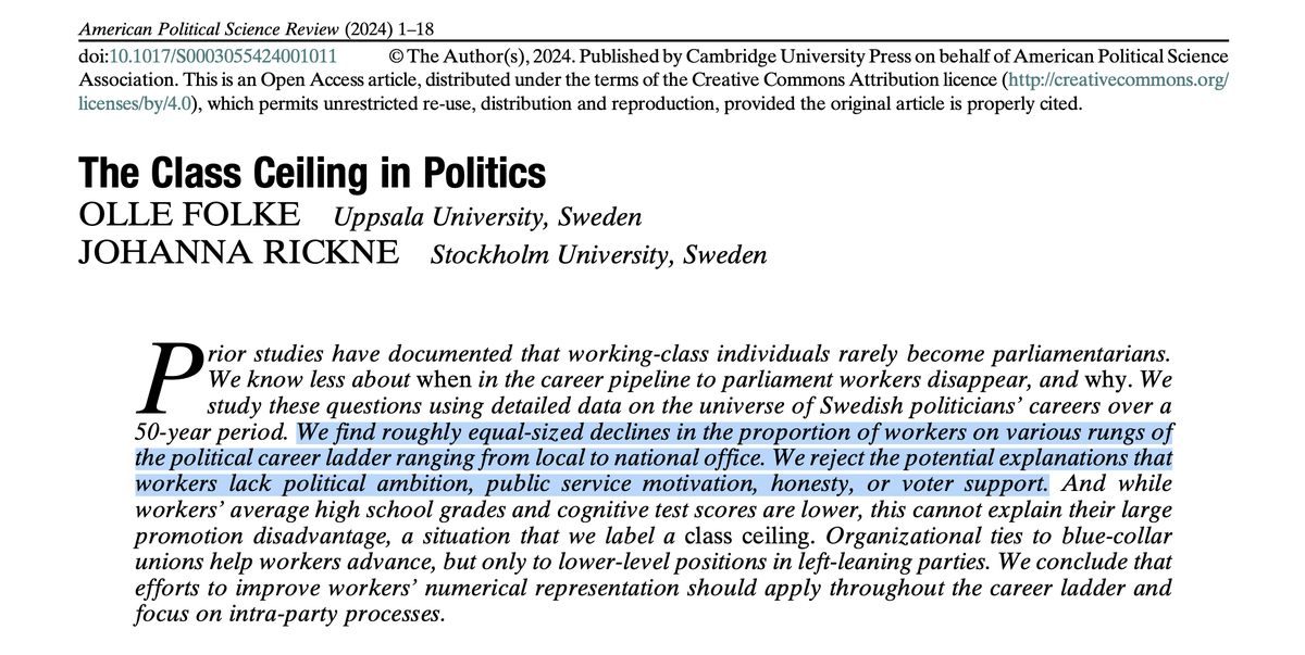 The class ceiling in politics: "We find roughly equal-sized declines in the proportion of workers on various rungs of the political career ladder... We reject the potential explanations that workers lack political ambition, public service motivation, honesty, or voter support."