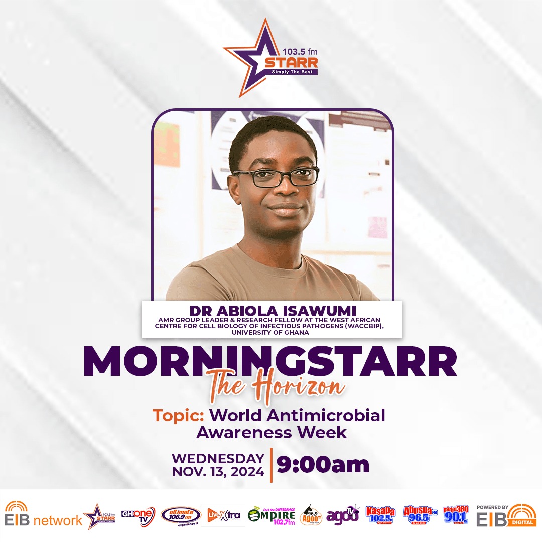 AMR @WACCBIP (@amr_waccbip) on Twitter photo Join Dr. <a href="/IsawumiAbiola/">Isawumi Abiola</a> <a href="/AMR_WACCBIP/">AMR @WACCBIP</a> <a href="/WACCBIP_UG/">WACCBIP</a> on 'The Horizon - Morningstarr' show <a href="/starr1035fm/">Starr 103.5 FM</a> as he leads a conversation on #WAAW2024 theme 'Educate. Advocate. Act Now.' We can defeat #AMR with education and advocacy. <a href="/gordon_awandare/">Gordon Awandare</a> <a href="/UnivofGh/">University of Ghana</a> <a href="/UnivofGh_Sgs/">School of Graduate Studies, Univ of Ghana</a> <a href="/GHABSA_UG/">GHABSA_UG</a> Join Dr. <a href="/IsawumiAbiola/">Isawumi Abiola</a> <a href="/AMR_WACCBIP/">AMR @WACCBIP</a> <a href="/WACCBIP_UG/">WACCBIP</a> on 'The Horizon - Morningstarr' show <a href="/starr1035fm/">Starr 103.5 FM</a> as he leads a conversation on #WAAW2024 theme 'Educate. Advocate. Act Now.' We can defeat #AMR with education and advocacy. <a href="/gordon_awandare/">Gordon Awandare</a> <a href="/UnivofGh/">University of Ghana</a> <a href="/UnivofGh_Sgs/">School of Graduate Studies, Univ of Ghana</a> <a href="/GHABSA_UG/">GHABSA_UG</a>