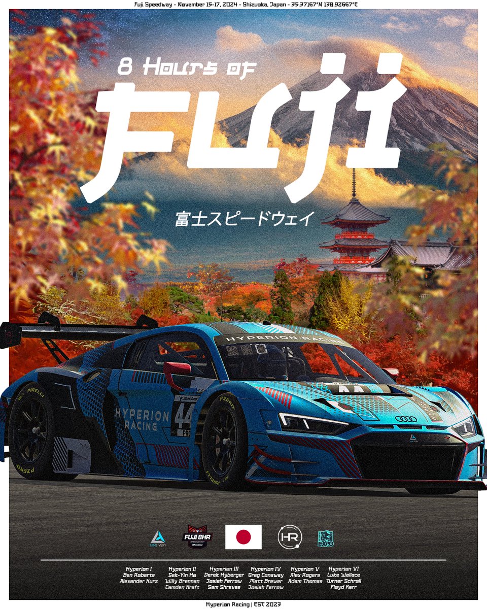Race week: 8 Hours of Fuji 🇯🇵🗻

Hyperion Racing’s lineup for <a href="/iRacing/">iRacing</a>'s last endurance special event of the year.

#simracing #iracing #believetheHYPErion