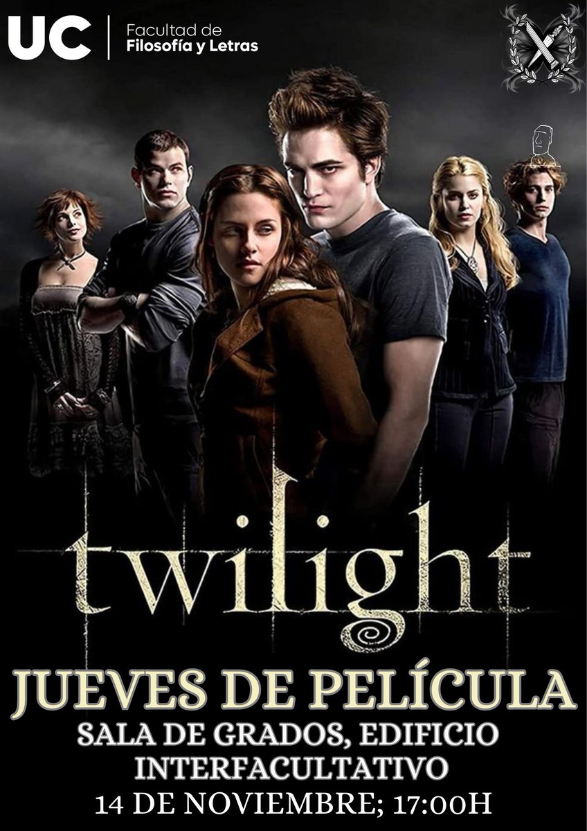 🌕Este jueves...🌕
📽️Crepúsculo; 17:00h, en la Sala de Grados, Edificio Interfacultativo.

"this is the skin of a killer"