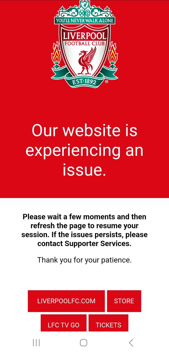 ScouseWeeMan's tweet photo. Well, that sale was an absolute farce. A total of just under 5 hours online, in the ticketing system for almost 2 hours as tickets had been "unexpectedly released" but no idea which ones and the website constantly shutting down as per the screenshot.
@spiritofshankly @LFCHelp https://t.co/sV5s2DQMDr