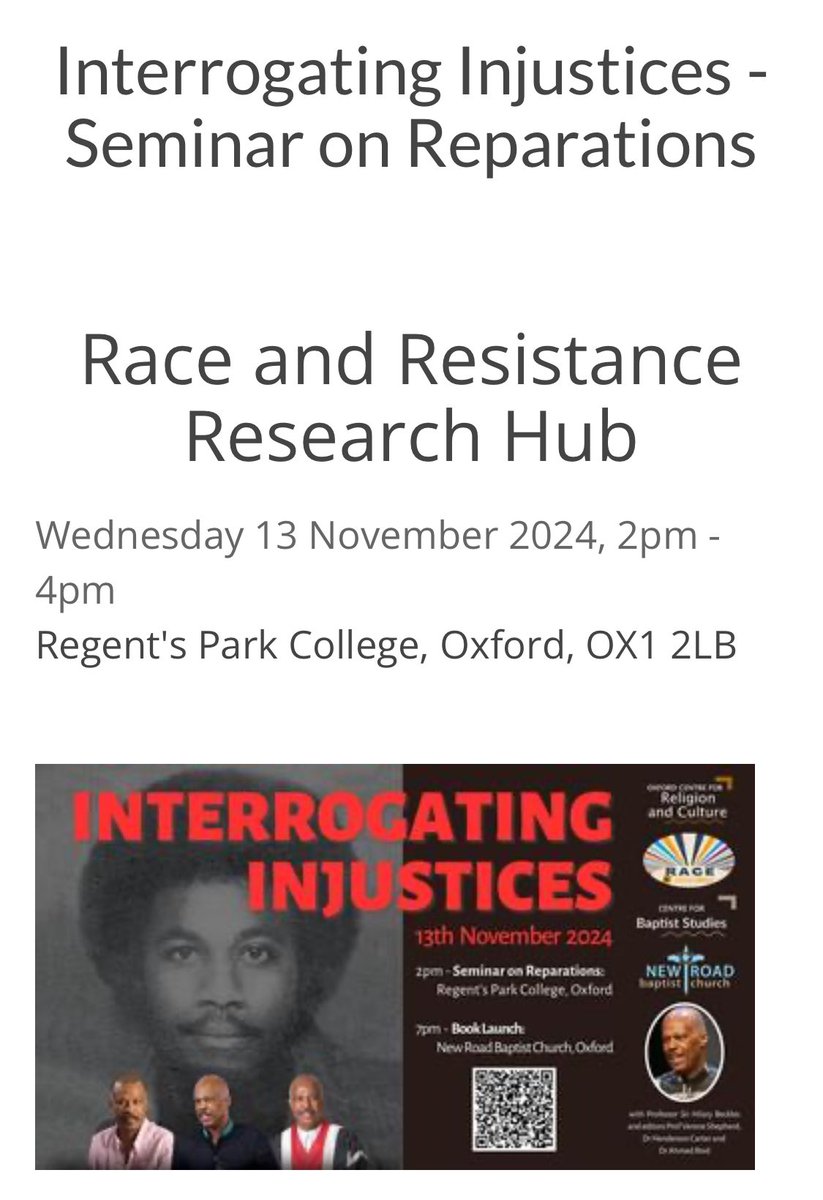 Fusion Arts (@fusionartsox) on Twitter photo Interrogating Injustices
Seminar on Reparations
Hear from Professor Beckles, Dr Nathaniel Coleman, Dr Chantelle Lewis, and Professor Stephen Tuc.
<a href="/Race_Resistance/">Race and Resistance</a> <a href="/TORCHOxford/">TORCH Oxford</a>
ℹ️ torch.ox.ac.uk/event/interrog… Interrogating Injustices
Seminar on Reparations
Hear from Professor Beckles, Dr Nathaniel Coleman, Dr Chantelle Lewis, and Professor Stephen Tuc.
<a href="/Race_Resistance/">Race and Resistance</a> <a href="/TORCHOxford/">TORCH Oxford</a>
ℹ️ torch.ox.ac.uk/event/interrog…