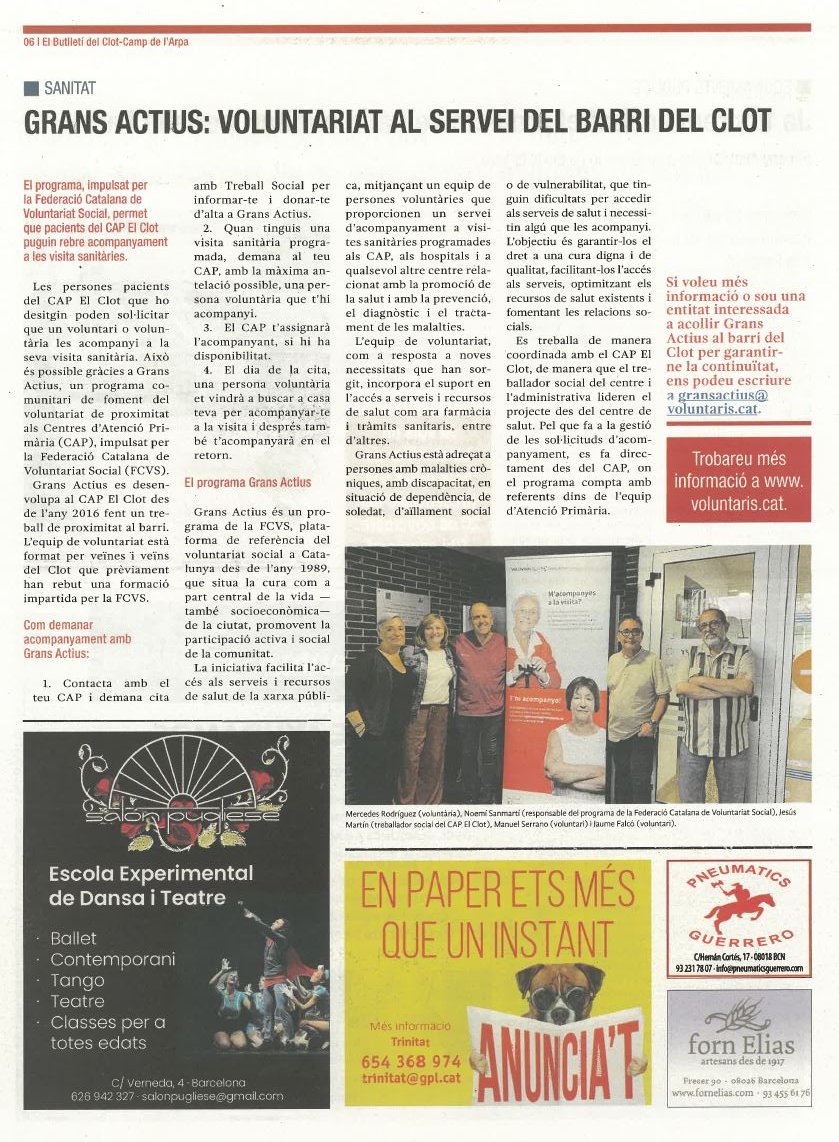 #RecomanemFCVS 
🔝 Avui us recomanem que llegiu la peça sobre el programa #GransActius que publica 'El Butlletí del Clot-Campde l'Arpa' #Barcelona

Gràcies a Grans Actius pacients del CAP El Clot poden sol·licitar que un voluntari o voluntària les acompanyi a la visita sanitària.